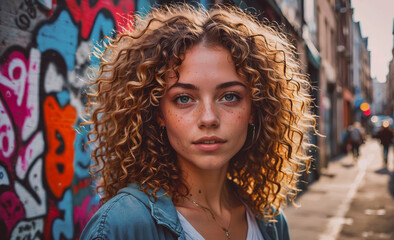 Poster - Woman with curly hair is standing in front of a graffiti wall. She is wearing a blue shirt and a necklace