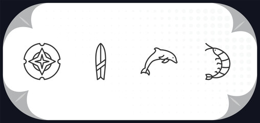 Poster - outline icons set - nautical concept. compass, suroard, dolphin, prawn facing left.