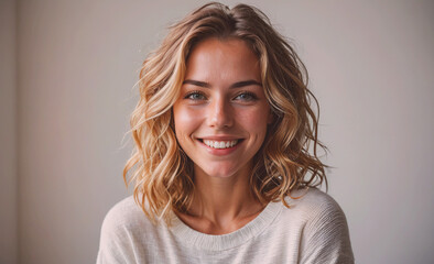Poster - Woman with blonde hair and a white shirt is smiling. She has a short haircut and is wearing a white shirt