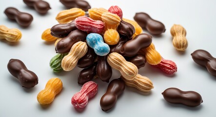 Poster - Candy peanuts coated in chocolate with a multicolored glaze lay on a white background. Isolated.