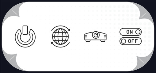Poster - outline icons set - multimedia concept. power on button, world wide, projector len, switches.