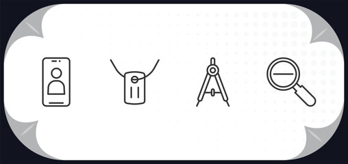 Poster - outline icons set - miscellaneous collection. concept. front camera, army dog tag, school compass, diminish.