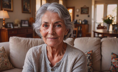 Aufkleber - Woman in a white sweater sits on a couch in a living room. She is smiling and she is happy