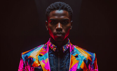 Poster - Man in a colorful suit is standing in front of a black background. The man is wearing a colorful jacket and a colorful shirt. The jacket has a pattern of flowers and leaves. The man's face is the main