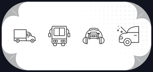 Poster - outline icons set - mechanicons concept. lorry side view, bus front view, car and headphones, car wi