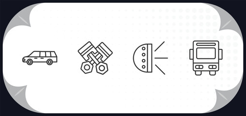 Poster - outline icons set - mechanicons concept. limousine side view, pistons cross, car light, public bus.