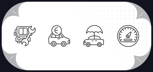 Poster - outline icons set - mechanicons concept. repairing bus, car with euro, car with umbrella, car speedo