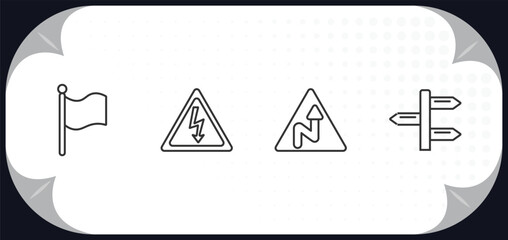 Poster - outline icons set - maps and flags concept. plain flag, electrocutation danger, right reverse curve, divarication.