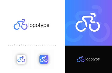 Aufkleber - Minimalist bicycle logo with smooth lines and gradient blue-purple color. Modern abstract cycling symbol for eco-friendly transportation, mobility apps, bike shops, and sports brands. Vector logo