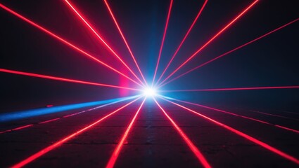 Poster - Bright red neon laser lights brighten the darkness, forming lines and triangular shapes.
