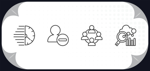 Poster - outline icons set - human resources concept. urgent, remove user, work team, benchmarking.
