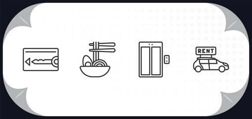 Poster - outline icons set - hotel and restaurant concept. key card, ramen, elevator, rent a car.