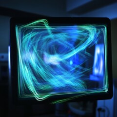 Aufkleber - Displaying Abstract Art: Swirling Lines and Light Patterns on a Modern Screen in Blue and Green Tones