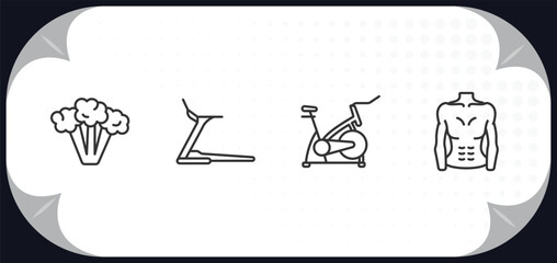 Poster - outline icons set - gym and fitness concept. broccoli porcion, running treadmill, exercise bike, fitness body.