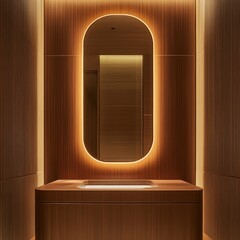 Poster - Elegant Wooden Bathroom Interior with Oval Mirror and Warm Lighting Accents Creates a Modern and Luxurious Space.
