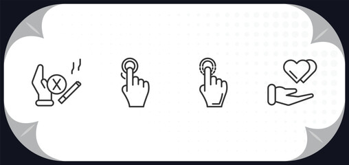 Poster - outline icons set - gestures concept. give up smoking, pressing, drag down, charity donation.