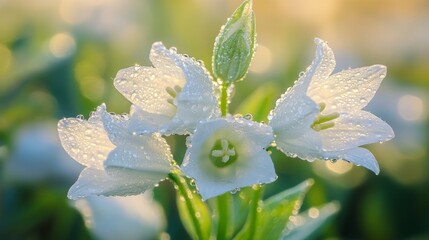 Poster - Delicate white lilies adorned with shimmering droplets reflect the soft glow of dawn. A serene garden setting invites peace and contemplation as nature awakens