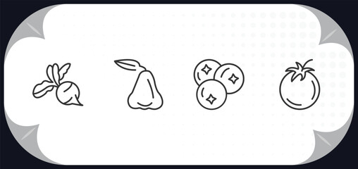 Poster - outline icons set - fruits and vegetables concept. radish, rose, blueberries, tomato.