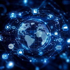 Poster - Global Digital Network: A connected world with glowing blue technology icons and data streams across a global representation.