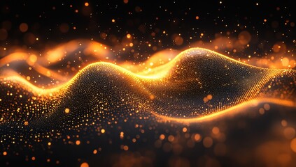 Poster - abstract visualization of golden particles flowing in a wave-like pattern with beautiful bokeh effec