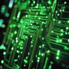 Leinwandbilder - Luminous Green: A Detailed Look at a Printed Circuit Board, Highlighting the Intricate Pathways and Components of Modern Technology