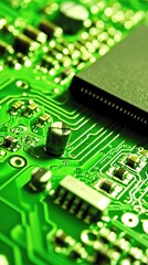 close-up green circuit board; microchip; technology; electronics; background blur; tech website