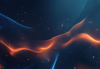 Poster - Abstract wave pattern in blue and orange tones with soft gradient, glowing lights, and ethereal atmosphere against a dark background for digital design projects