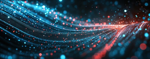 Poster - abstract waves of glowing particles in red and blue hues flowing through a dark space, creating a me