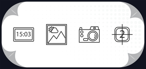 Poster - outline icons set - electronic stuff fill concept. camera big screen size, picture, digital camera, video file list.
