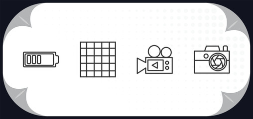 Poster - outline icons set - electronic stuff fill concept. half battery, screen grid, video camera, compact camera.
