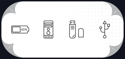 Poster - outline icons set - electronic stuff fill concept. battery almost full, computer tower, pen drive, usb connection.
