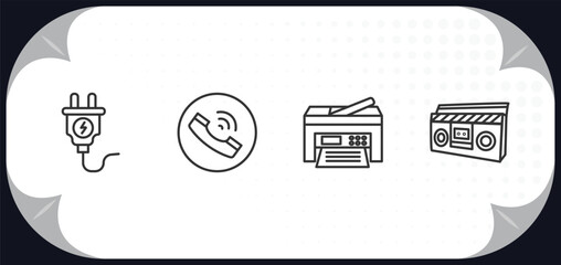 Poster - outline icons set - electronic devices concept. plug, telephone, printer, boombox.