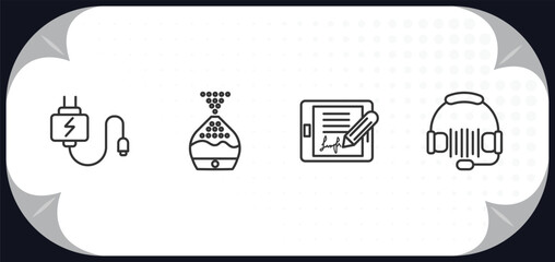 Poster - outline icons set - electronic devices concept. charger, humidifier, electronic, headphones.