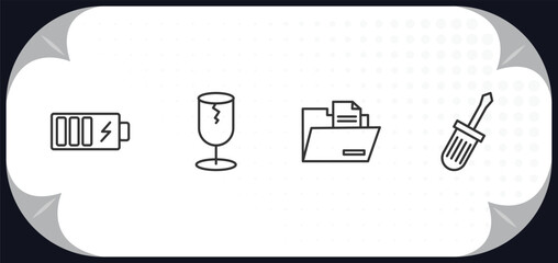 Poster - outline icons set - electrian connections concept. charging, broken, files and folders, screwdriver.