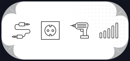 Poster - outline icons set - electrian connections concept. audio jack, socket, driller, full.