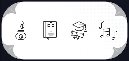 Poster - outline icons set - literature concept. ink, bible, graduation, song.