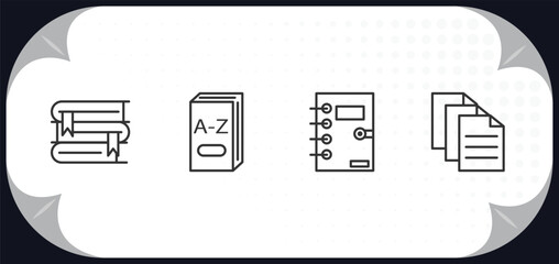 Poster - outline icons set - education collection. concept. stack of books, 3d dictionary, notebook with book