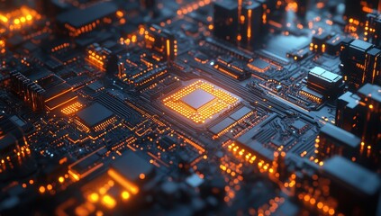 Aufkleber - Aerial View of Futuristic Computer Circuit Board with Glowing Connections and Orange LED Lights Highlighting Technology and Innovation in Digital Landscape