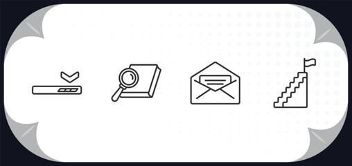 Poster - outline icons set - education concept. window scrolling left, book and magnifying, open email, steps to complete.