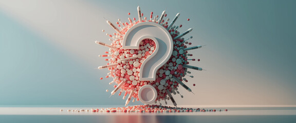 Poster - Sphere of pills, capsules, and syringes surrounding a large question mark, symbolizing uncertainty in medicine or healthcare, suitable for medical or pharmaceutical concepts