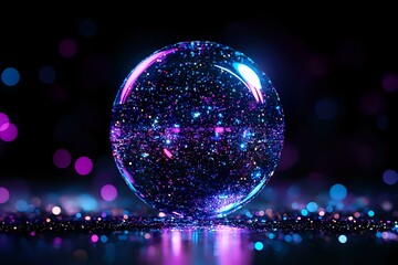 Poster - Magical crystal sphere with glowing blue and purple sparkles on dark background reflecting neon lights, creating mystical atmosphere for fantasy designs.