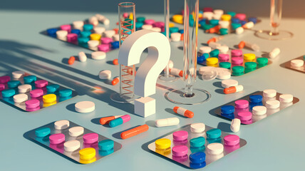 Aufkleber - Colorful pills and capsules scattered around a large question mark, near test tubes on a light-blue surface, symbolizing medical research, pharmaceutical industry, or uncertainty in treatment.