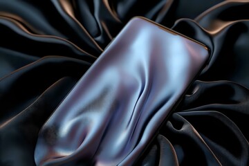 Poster - Luxurious black silk fabric with elegant folds and smooth texture creates dramatic light and shadow effect, showcasing flowing curves and reflective surface.