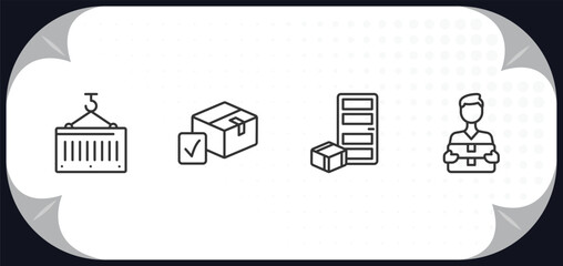 Poster - outline icons set - delivery and logistic concept. container, package checking, delivery to the door, courier.