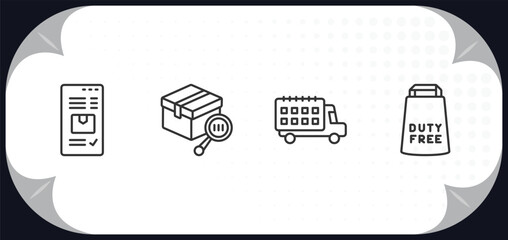 Poster - outline icons set - delivery and logistic concept. delivery by website, tracking, delivery date, duty free.