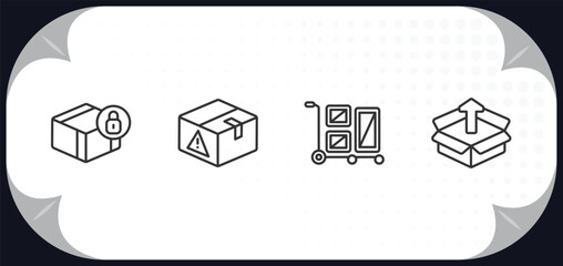 Poster - outline icons set - delivery and logistic concept. delivery safety, delivery warning, package on trolley, package.