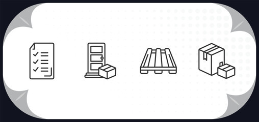 Poster - outline icons set - delivery and logistic concept. delivery list, on door delivery, pallet, boxes.