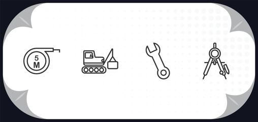Poster - outline icons set - construction concept. five meters ruler, derrick with box, spanner, drawing comp