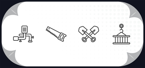 Poster - outline icons set - construction concept. adjustment system, big saw, two shovels, derrick with pall