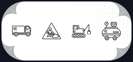 Poster - outline icons set - construction concept. truck with freight, working, derrick with tong, air compressor.